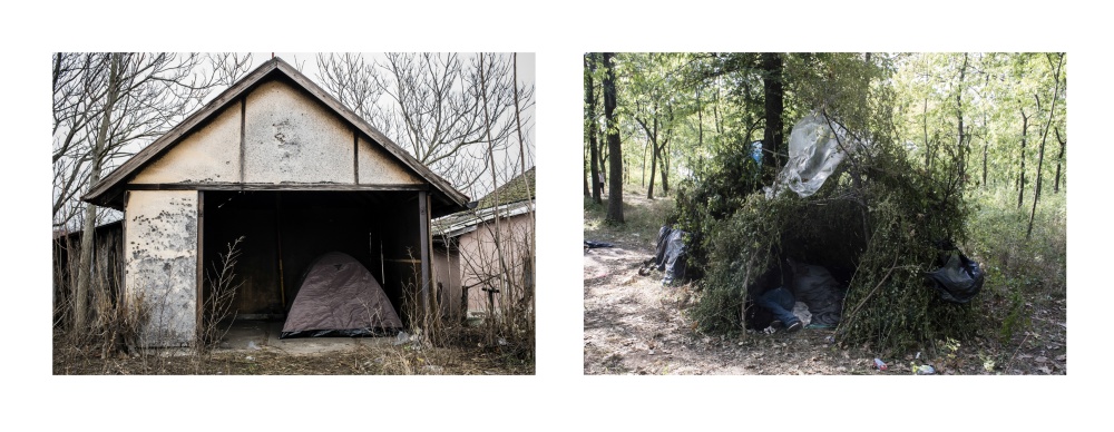 Subotica (left) and a hut made of tree branches in the 'jungle' near the town of Sombor, on the Serbian-Croatian border (right), Serbia 2017.