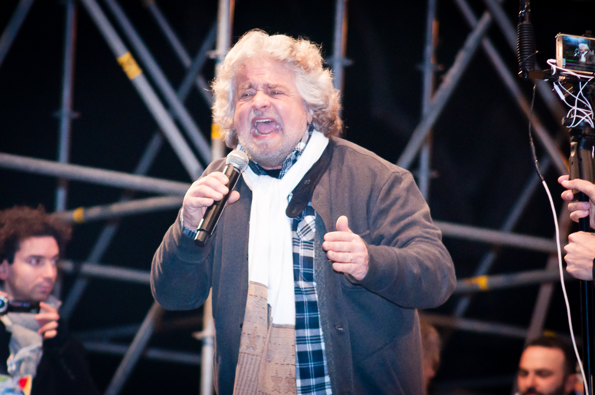 Beppe Grillo talks at the Five Star Movement's Tsunami Tour in Rome, before the election day, 22 February 2013 Rome.