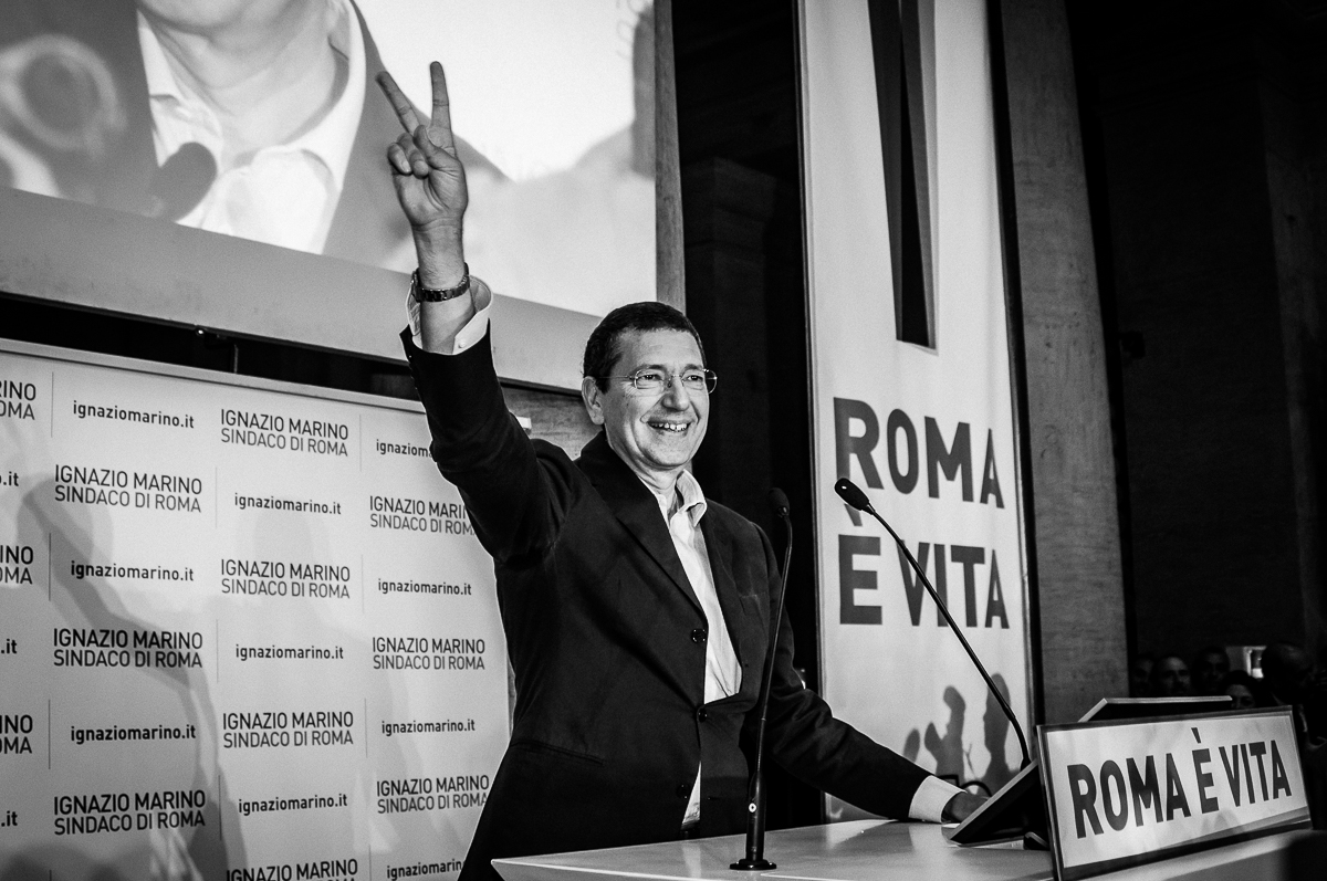 Ignazio Marino at the Tempio di Adriano in Rome, during his press conference. Marino has been elected Mayor of Rome. He has won a run-off against Gianni Alemanno, who was the
previous Rome's Mayor, 10 June 2013.
